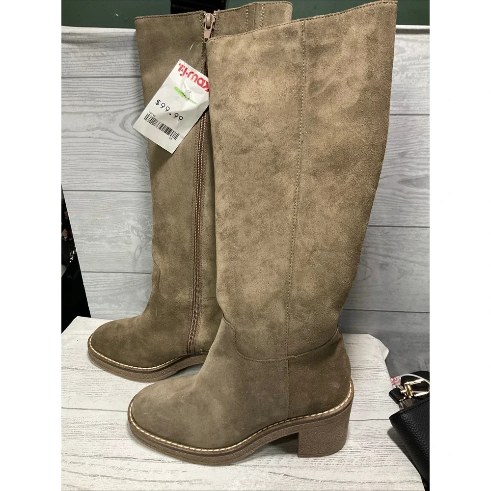 Rizzoli‎ Italian Women's Taupe Suede Knee High Boots Chunky Heel Side Zip Sz 6